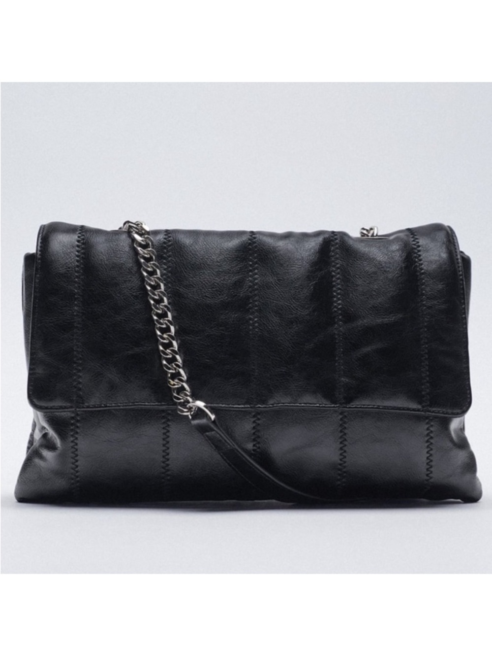 Zara Black Quilted Vegan Leather Bag with Silver Chain